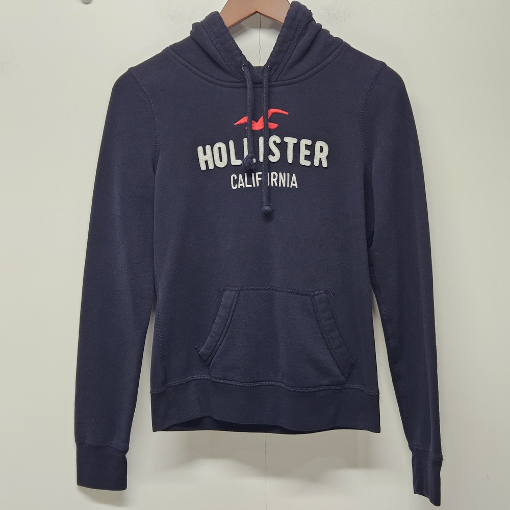 Y2K Hollister Pullover Hoodie Sweatshirt Drawstring Spilled Out Size Medium Navy - Picture 1 of 13